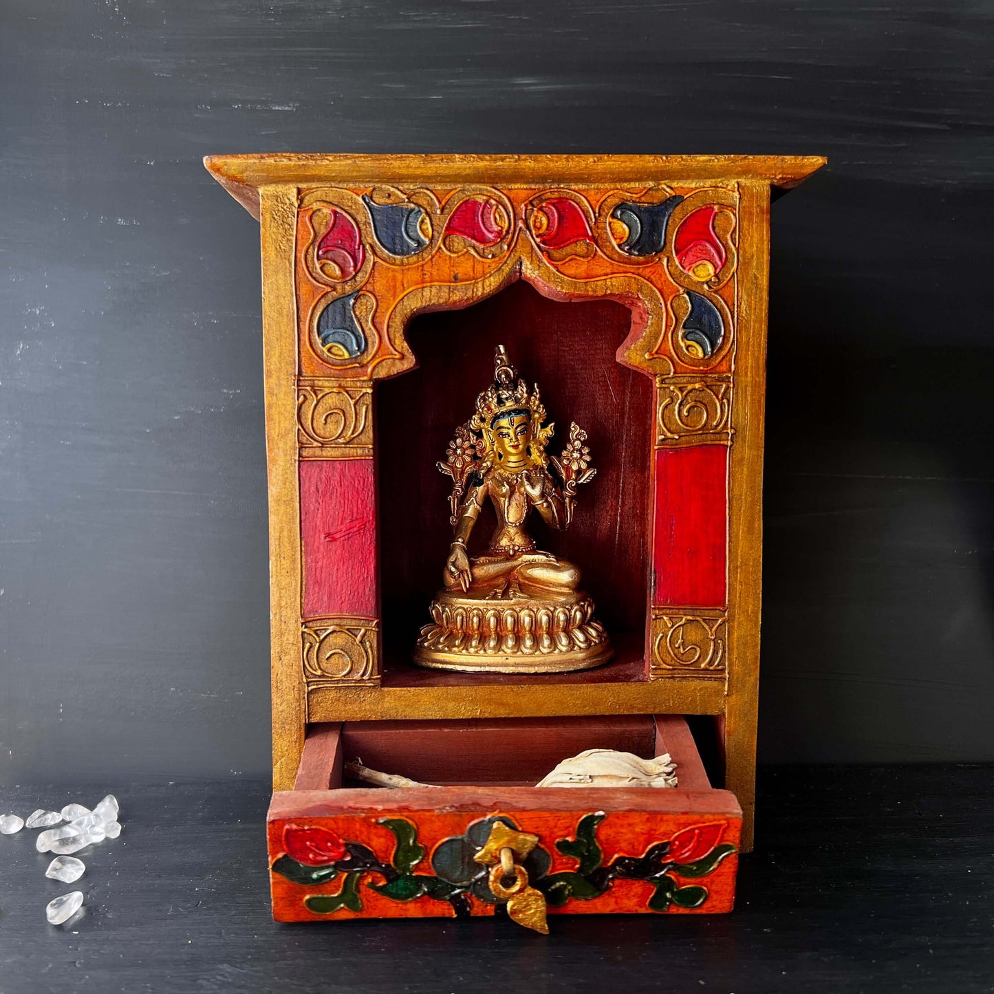 Wooden altar hand-painted ca.21cm with drawer from Nepal