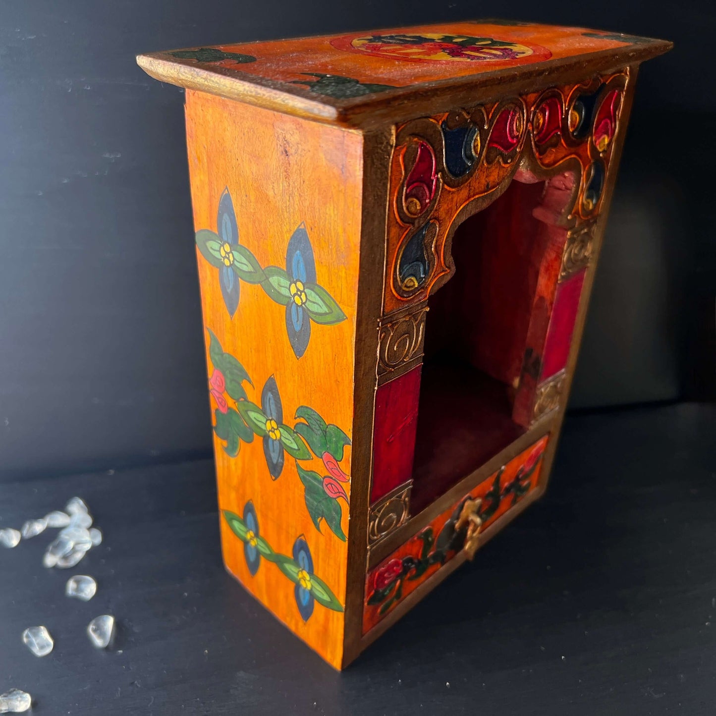 Wooden altar hand-painted ca.21cm with drawer from Nepal