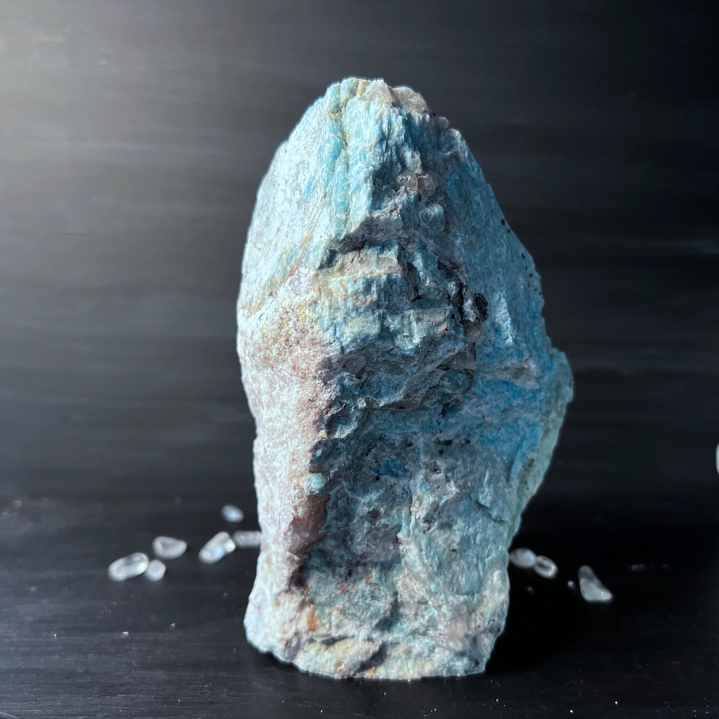 Amazonite rough stone with base 15cm with smoky quartz from Madagascar
