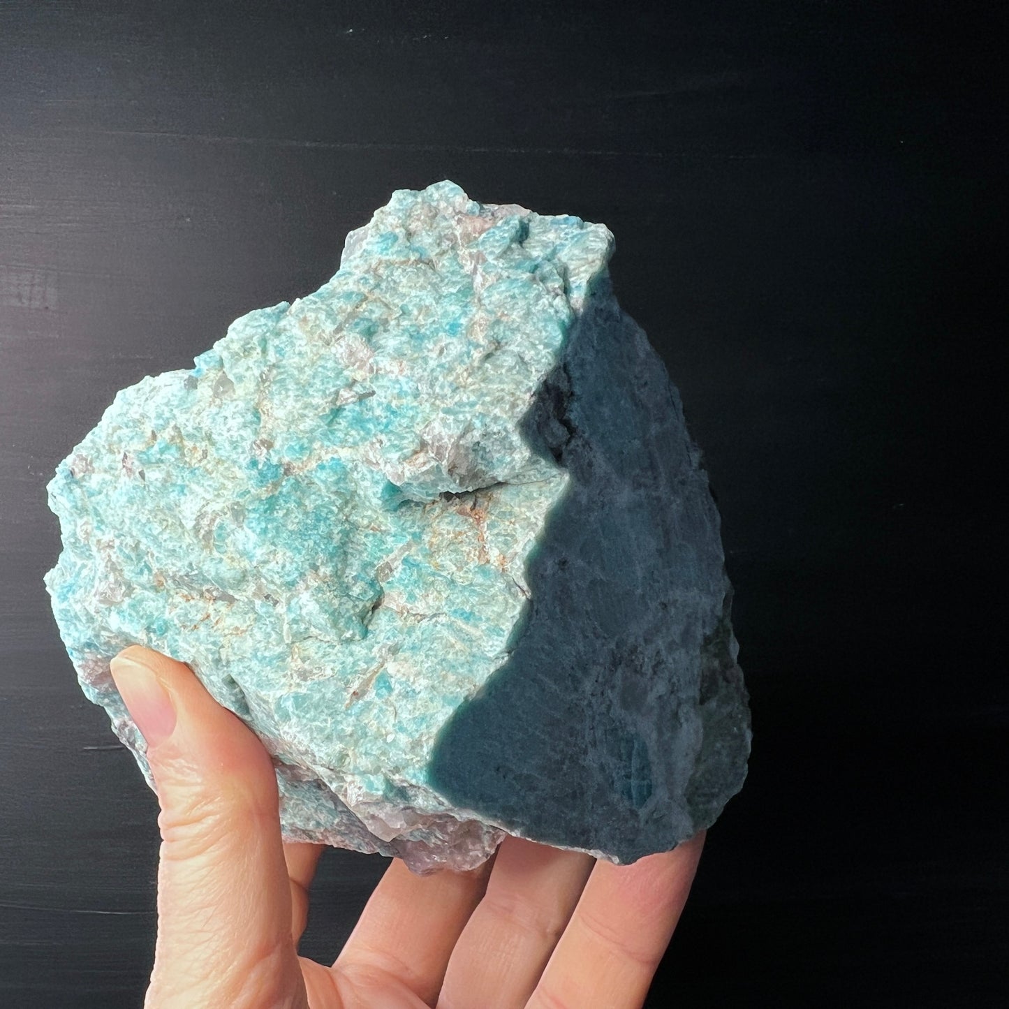 Amazonite rough stone with base 15cm with smoky quartz from Madagascar