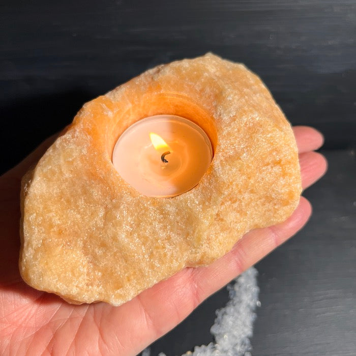 Orangencalcit Teelicht mit Kerze ca. 450g | Happy Minerals