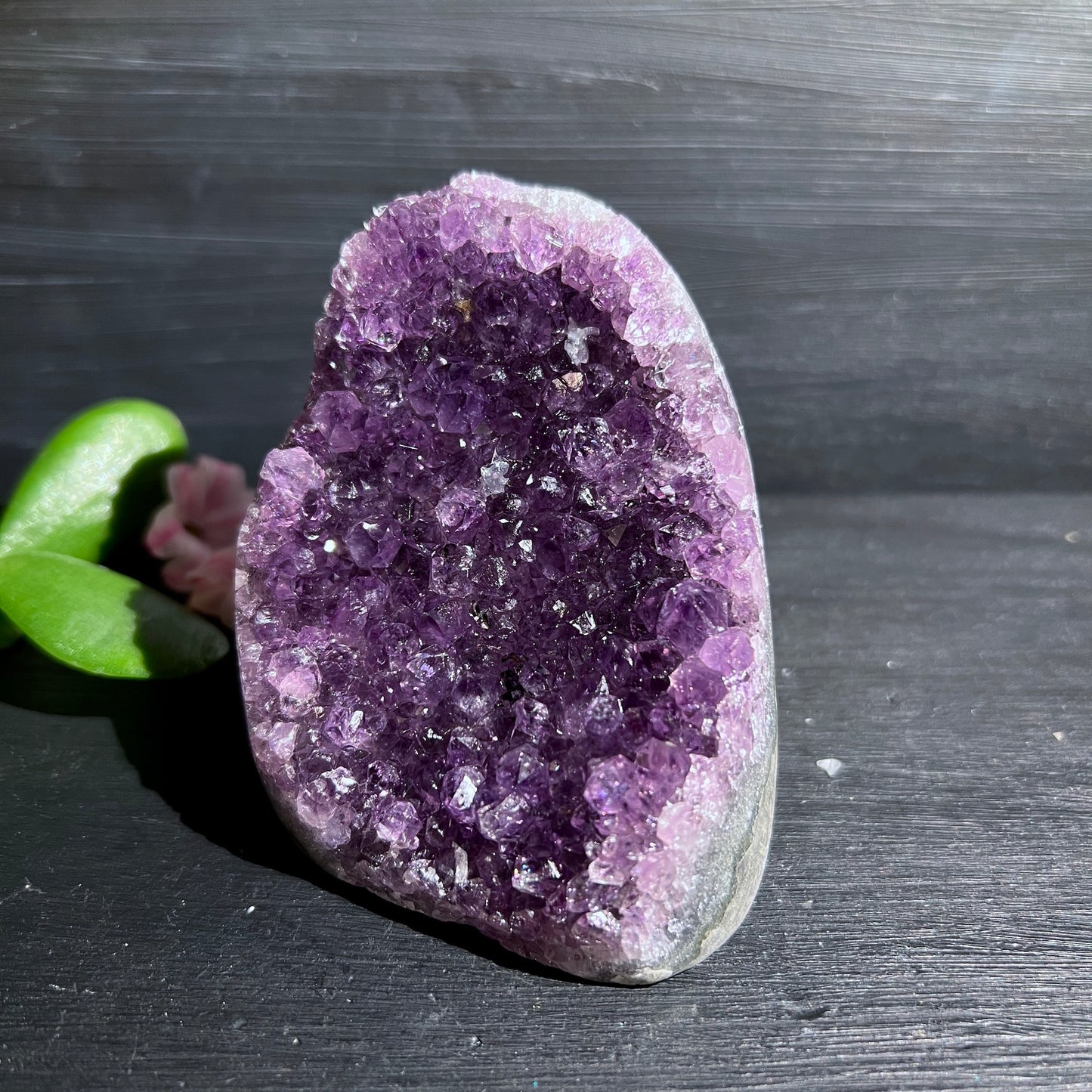 Uruguay Amethyst, polierte Kanten, stehen. Intensive lila Farbe. Frontansicht. | Happy Minerals