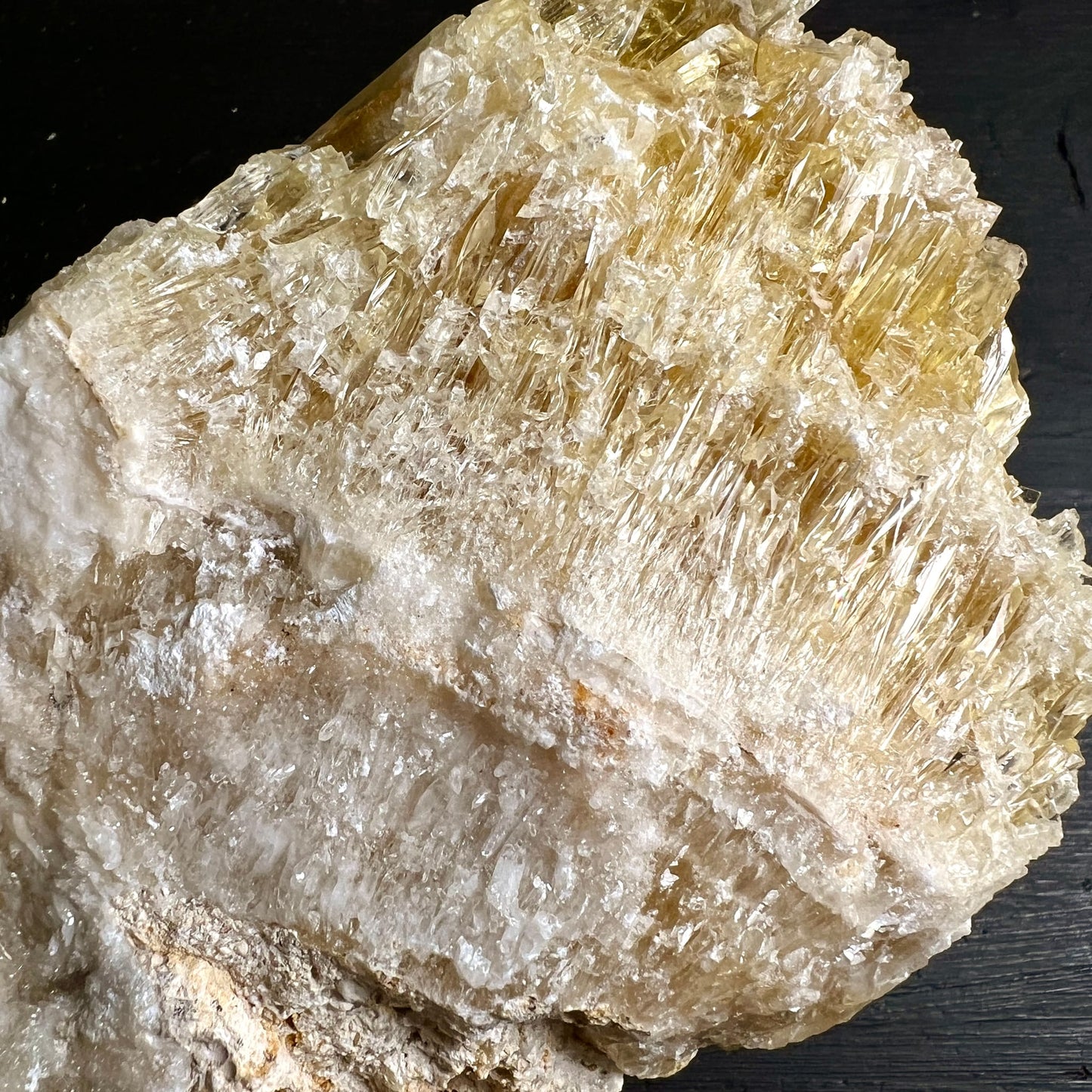 Gelber Calcit Rohstein | Großaufnahme Oberfläche | schimmernde Schichten | cremeweiß & gold | Happy Minerals