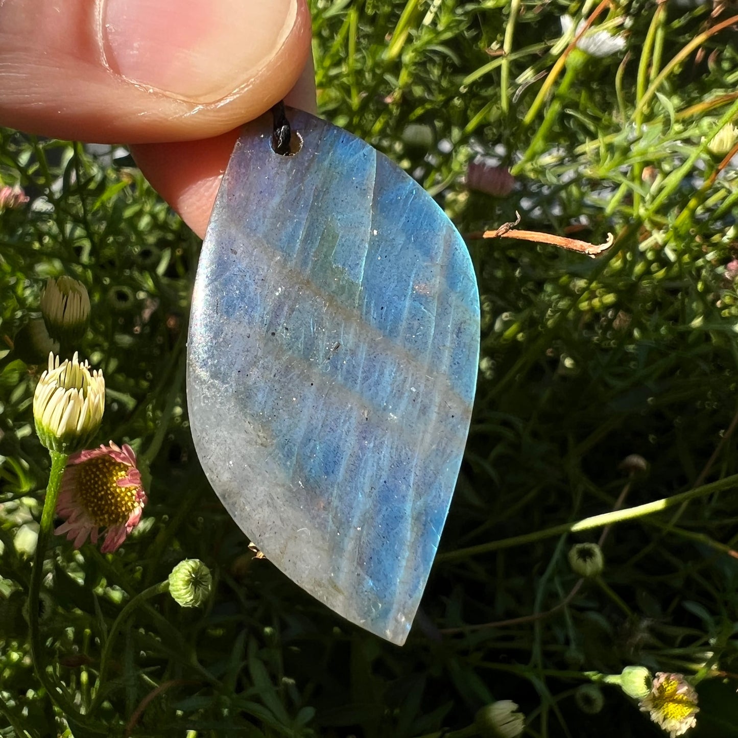 Labradorit Unikat Rückseite | zartes Blaugrau | dezente Labradoreszenz | Blattform | Wildblumen | Happy Minerals