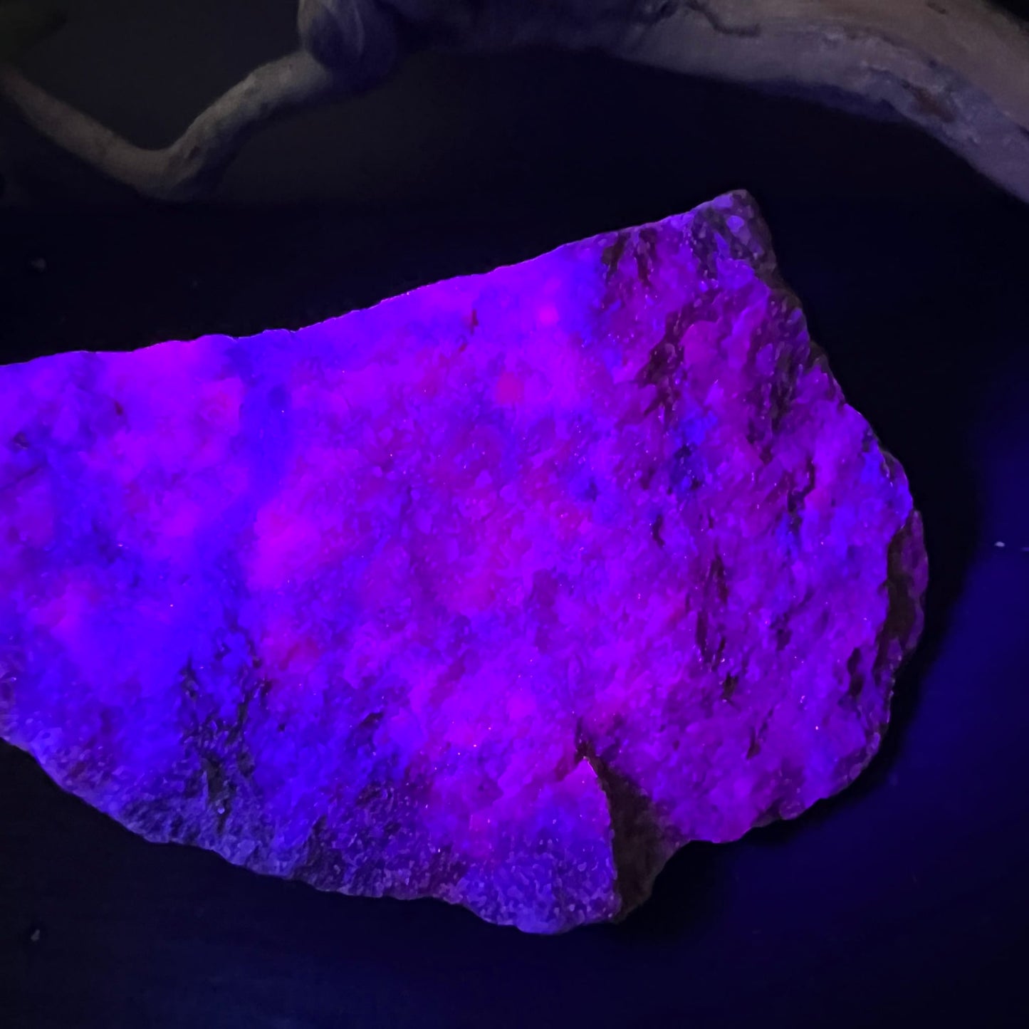 Rubin Kyanit Rohstein leuchtet unter UV: kräftiges Blau-Violett mit pinken Flecken, raue Oberfläche | Happy Minerals