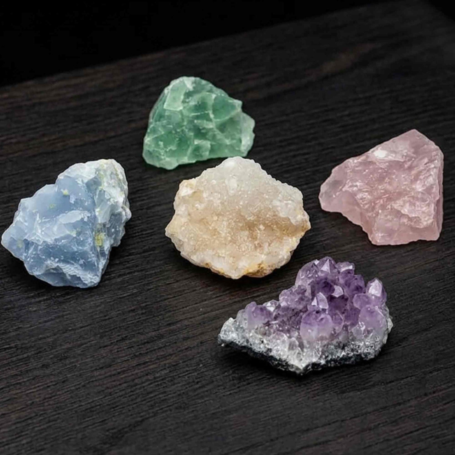 5 Rohsteine freigestellt | Grüner Fluorit Blauer Calcit Bergkristall Geode Rosenquarz Amethyst Cluster | Happy Minerals
