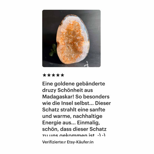 5-Sterne Kundenbewertung einer goldenen Druzy-Achat-Geode aus Madagaskar bei Happy Minerals auf Etsy
