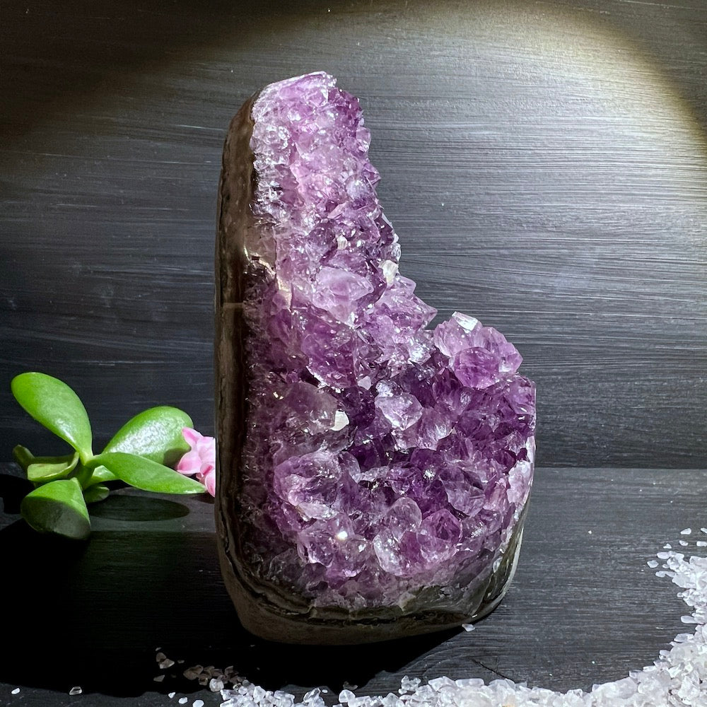 Beeindruckender Uruguay Amethyst, der an den Kanten perfekt poliert ist. Er hat eine natürliche, bewegte Form. | Happy Minerals