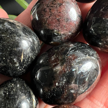 Polierte Granat Trommelsteine mit Arfvedsonit Makro - Happy Minerals