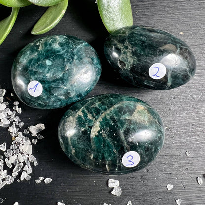 Grüner Apatit Handschmeichler 3 Stück Auswahl, petrol-grün poliert, Madagaskar – Happy Minerals