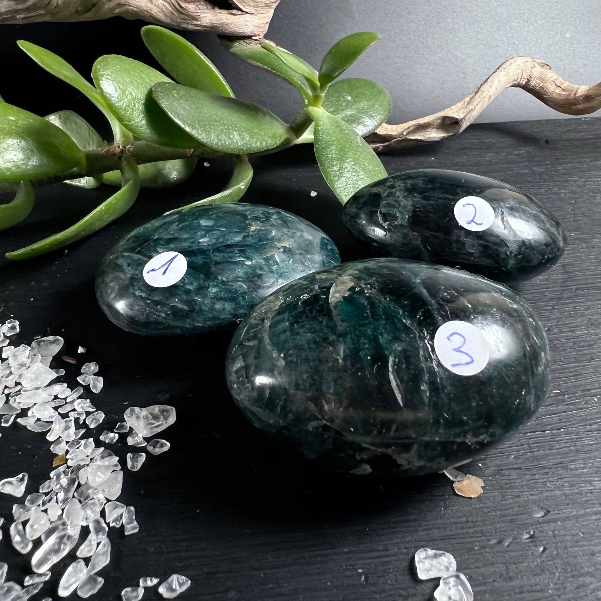 Drei grüne Apatit Handschmeichler von der Seite, dunkles Grün, oval poliert – Happy Minerals