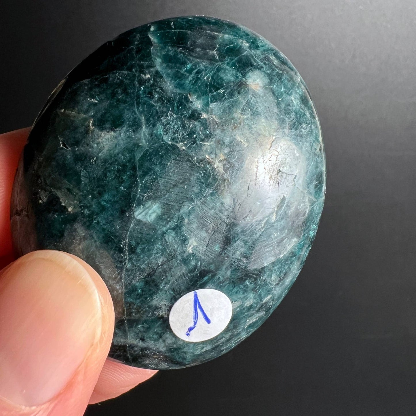 Grüner Apatit Handschmeichler Nr. 1 in der Hand, ca. 5 cm, Madagaskar – Happy Minerals