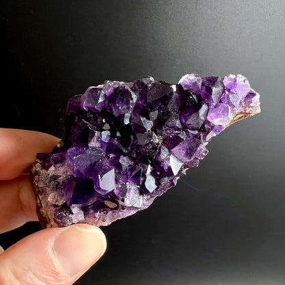Hand hält klassischen Amethyst mit tiefem Violett und kristallklarer Struktur | Happy Minerals