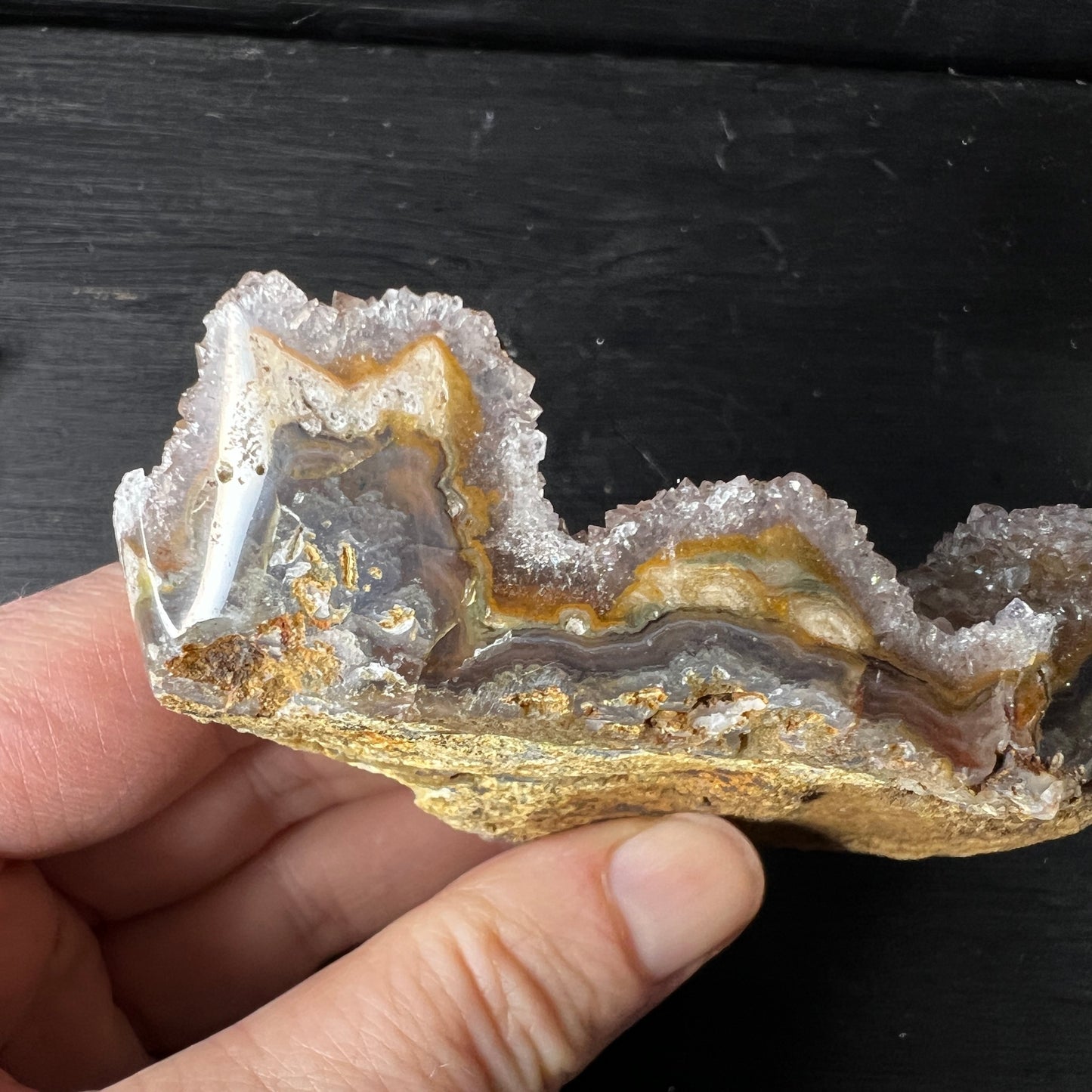 Galaxy Amethyst aus Uruguay, orange mit poliertem Rand, ca. 92mm