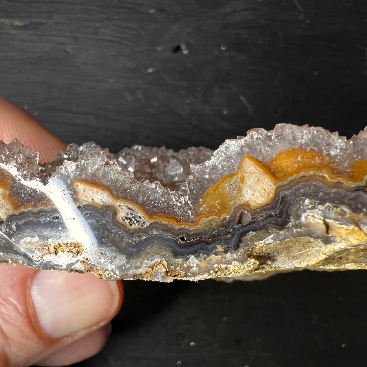 Galaxy Amethyst aus Uruguay, orange mit poliertem Rand, ca. 92mm