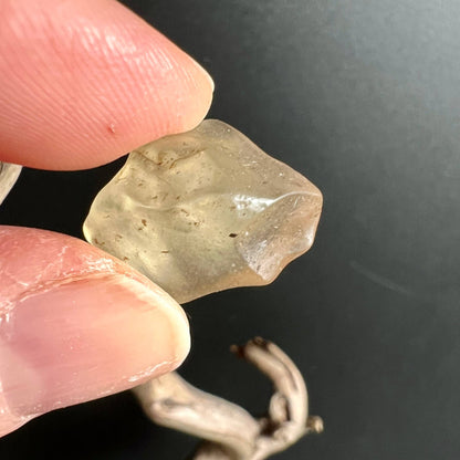 Libysches Wüstenglas Tektit zwischen Fingern gehalten | transluzent honiggelb | Happy Minerals
