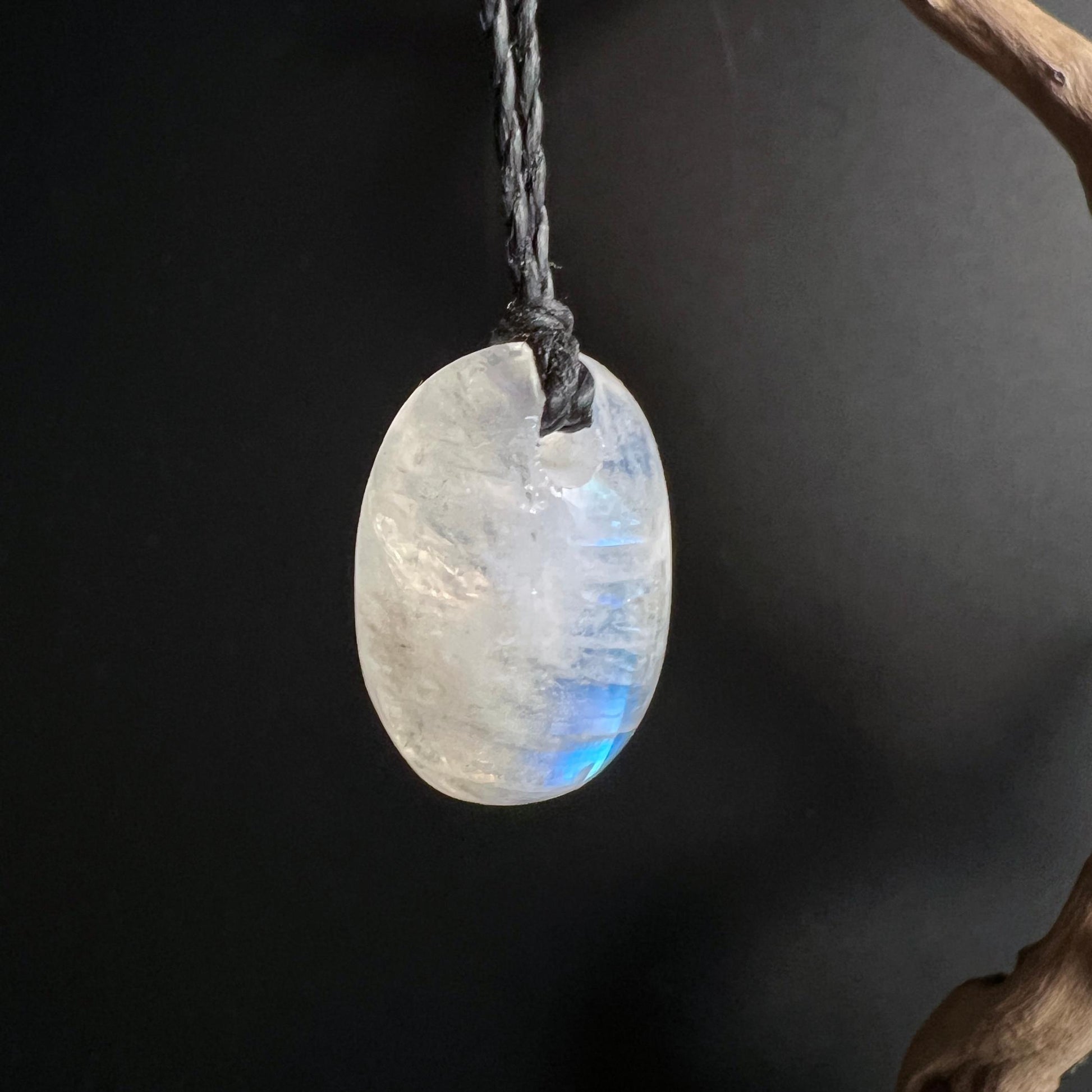 Regenbogen Mondstein Anhänger hängend am schwarzen Band mit zartem Blauschiller | Happy Minerals