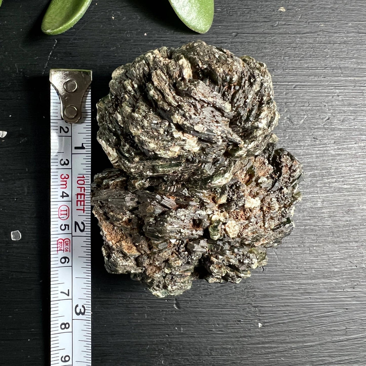 Grüner Muscovit Fuchsit Draufsicht mit Maßband | blättrige Glimmerstruktur waldgrün | Happy Minerals