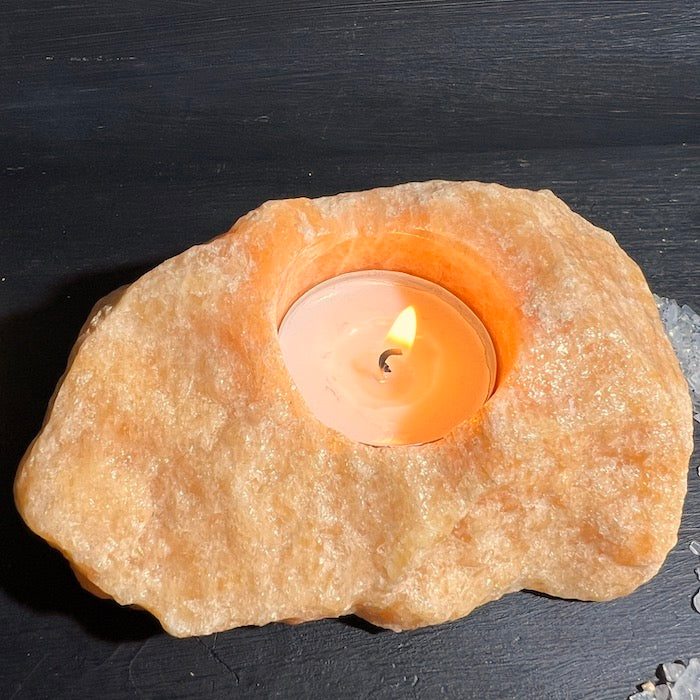 Orangencalcit Teelicht mit Kerze  ca. 120mm| Happy Minerals