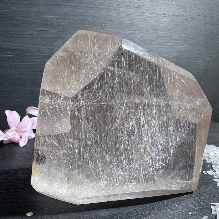Silberfarbener Rutil in Klarem Quarz mit Muskovit-Einschluss! Rückseite| Happy Minerals