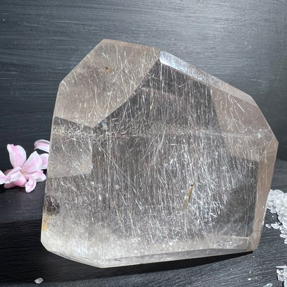 Silberfarbener Rutil in Klarem Quarz mit Muskovit-Einschluss! Rückseite| Happy Minerals