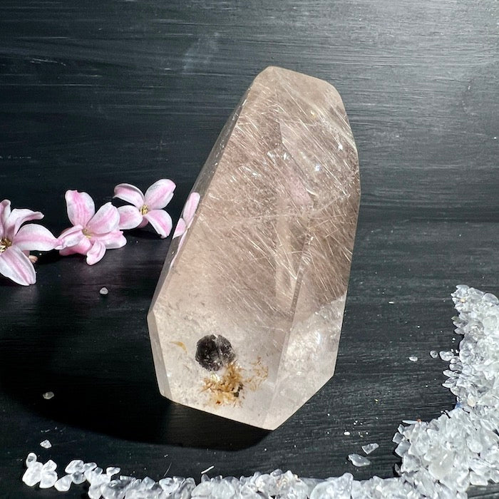 Silberfarbener Rutil in Klarem Quarz mit Muskovit-Einschluss! Seitlich.| Happy Minerals