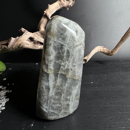 Seitliche Ansicht des 464g Sunset Labradorit mit glatter Politur | Happy Minerals