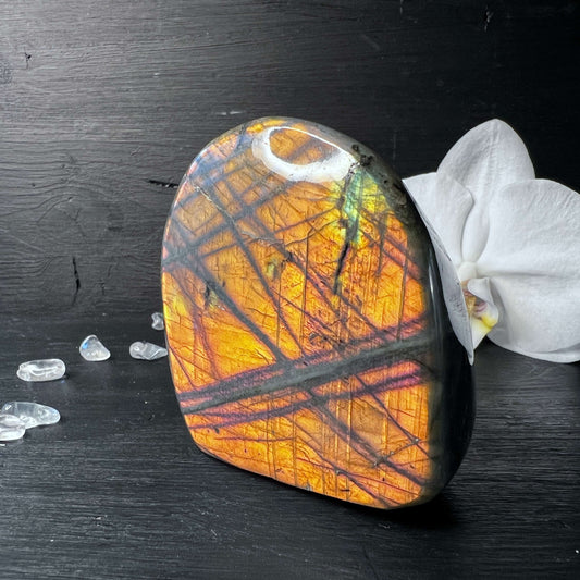 Sunset Labradorit, orange-lila Streifen, Front - Happy Minerals