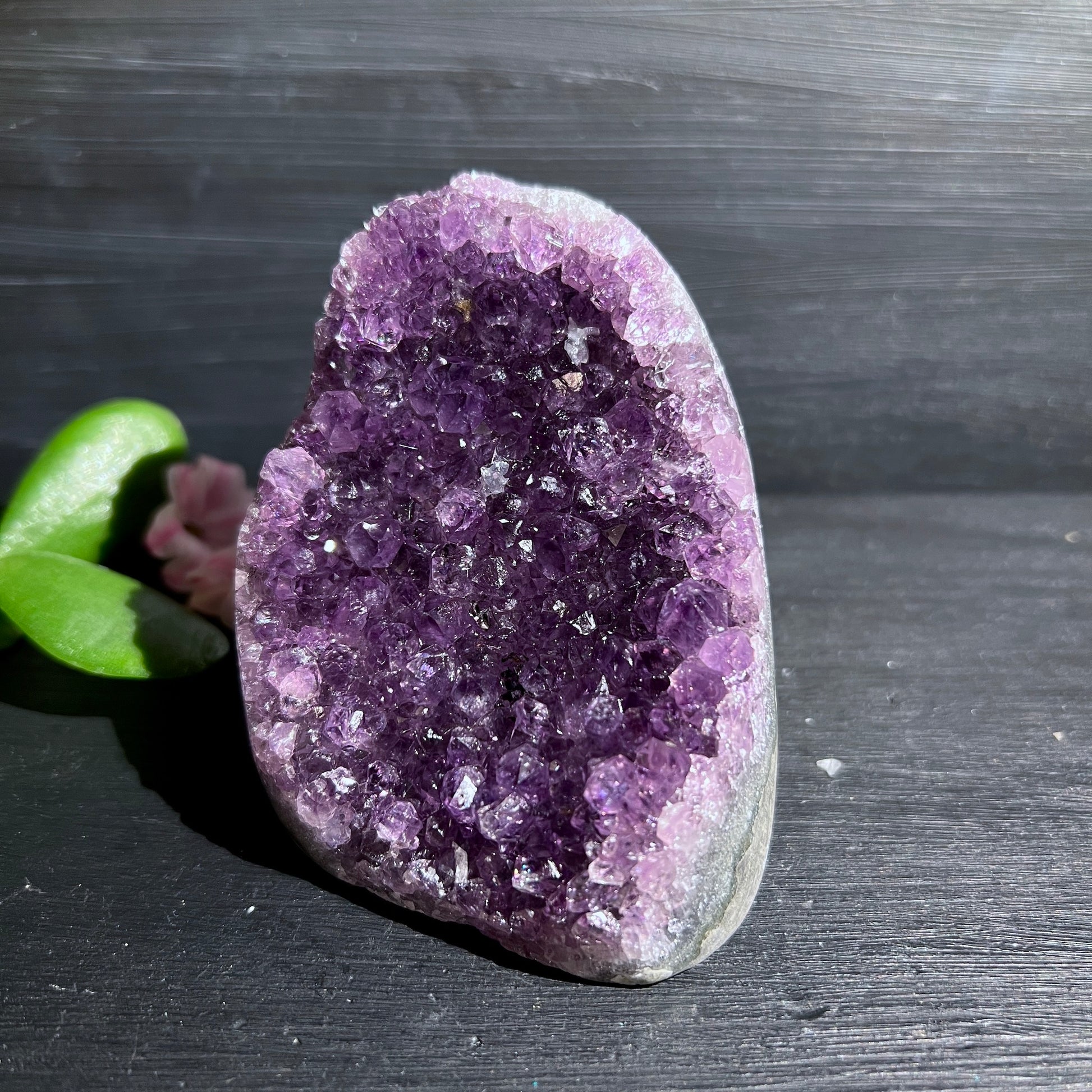 Uruguay Amethyst, polierte Kanten, stehen. Intensive lila Farbe. Frontansicht. | Happy Minerals