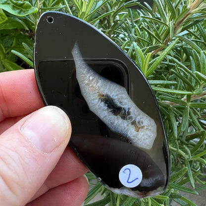 Achat Variante 2 | im Freien | vor Rosmarin-Pflanze | cremeweiße Druse | Happy Minerals