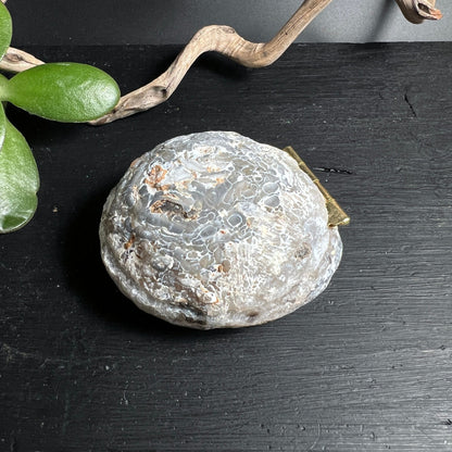 Brasilianischer Achat | Seitenansicht Dose | Messingscharniere sichtbar | Naturstein Box | Happy Minerals