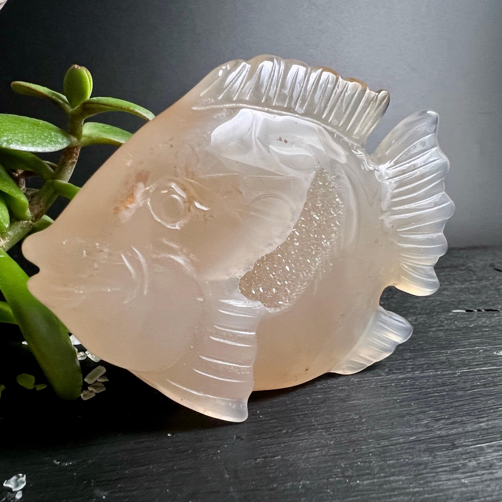 Achat Fisch Figur creme-orange transluzent mit natuerlichen Einschluessen