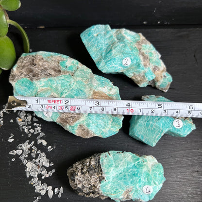 Amazonit Rauchquarz Rohstein Madagaskar | 4 Varianten mit Massband | Groessenvergleich | Happy Minerals