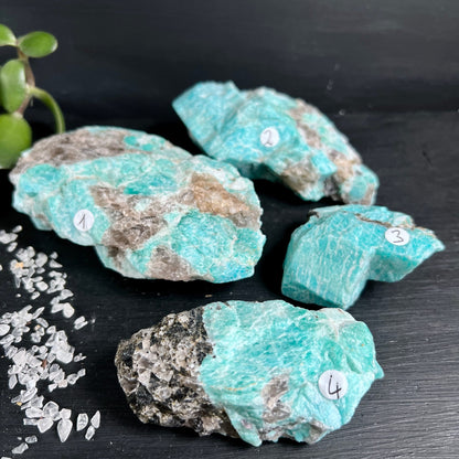 Amazonit Rauchquarz Rohstein Madagaskar | 4 Varianten | türkis grau | Übersicht | Happy Minerals