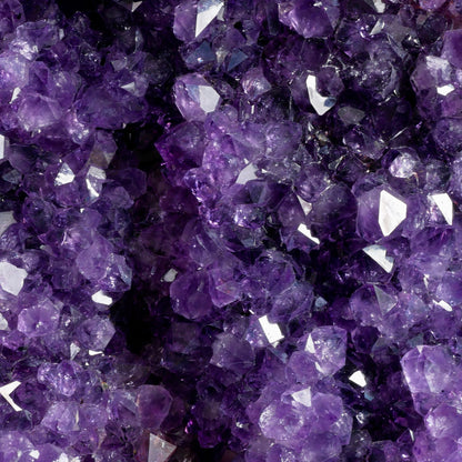 Amethyst Druse Nahaufnahme, tiefviolette Kristallspitzen mit klaren Facetten und Lichtreflexen | Happy Minerals