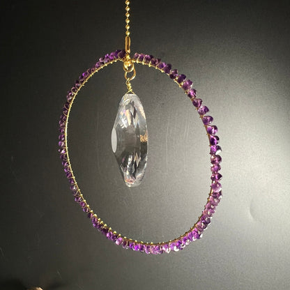 Amethyst Glaskristall | Sonne Kreis Aufhaengung | Lila Perlen Gold | Oval Zentrum | Happy Minerals