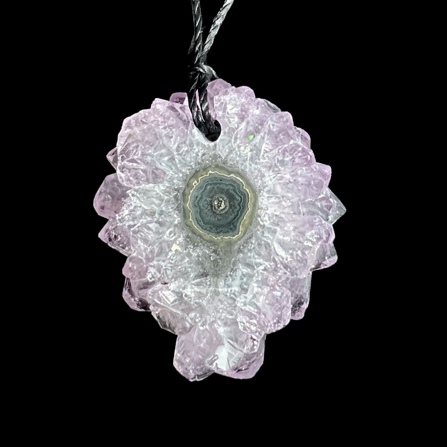 Lila Amethyst Sonne Anhänger 35x28mm, gebohrte Stalaktit-Scheibe aus Uruguay