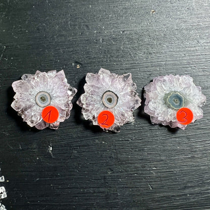Amethyst Sonne Stalaktit | Uruguay | alle drei Stücke | Größenvergleich | Happy Minerals Set