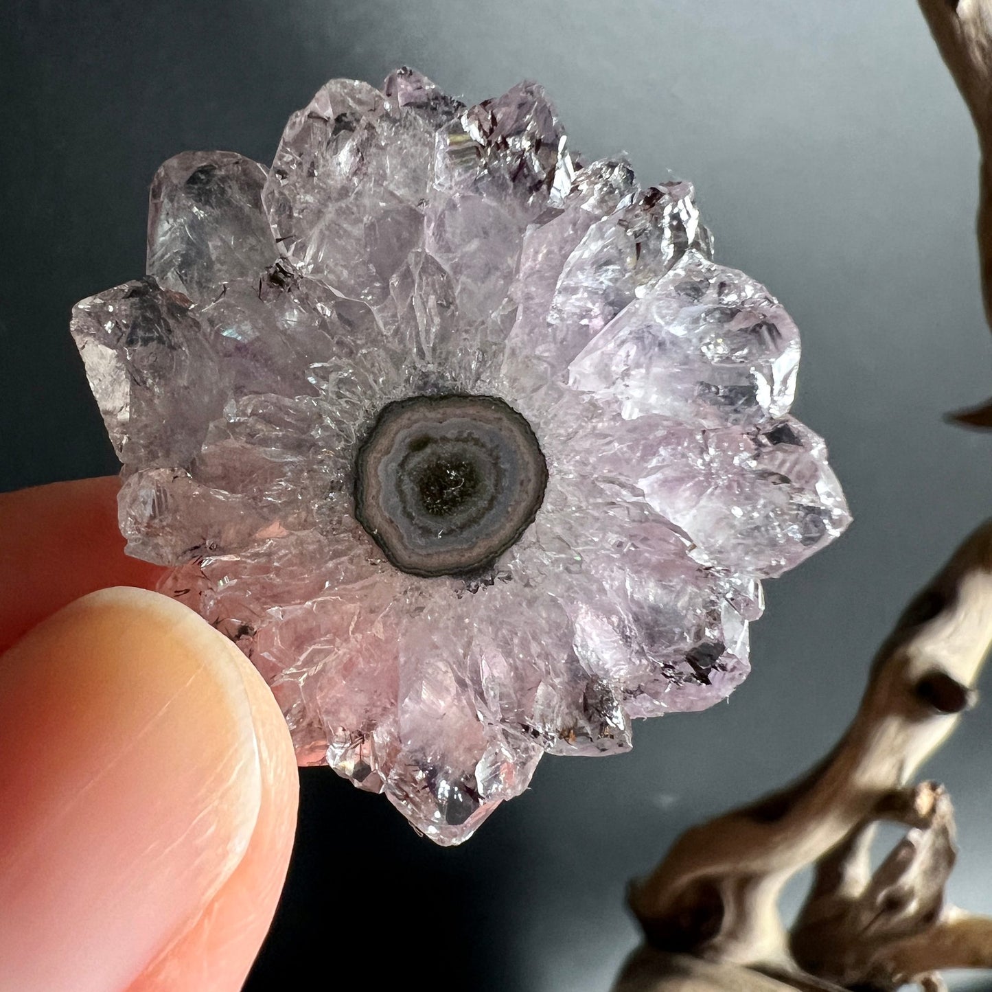 Amethyst Sonne Stalaktit | Uruguay | Handhaltung | natürliche Lichtreflexe | Happy Minerals Detail