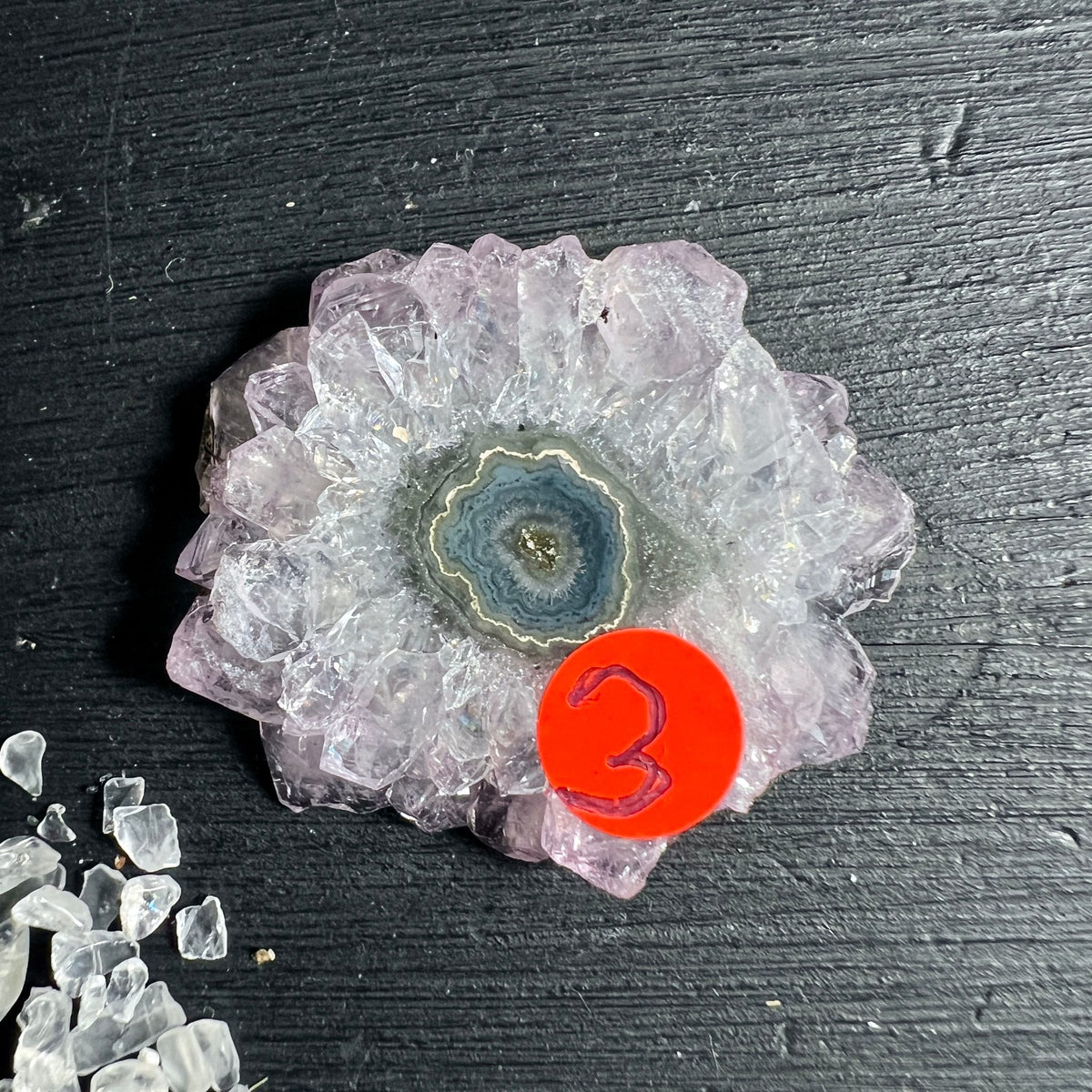 Amethyst Sonne Stalaktit | Uruguay | Scheibe Nr.3 | türkis-blaue Achatmitte | Happy Minerals Unikat