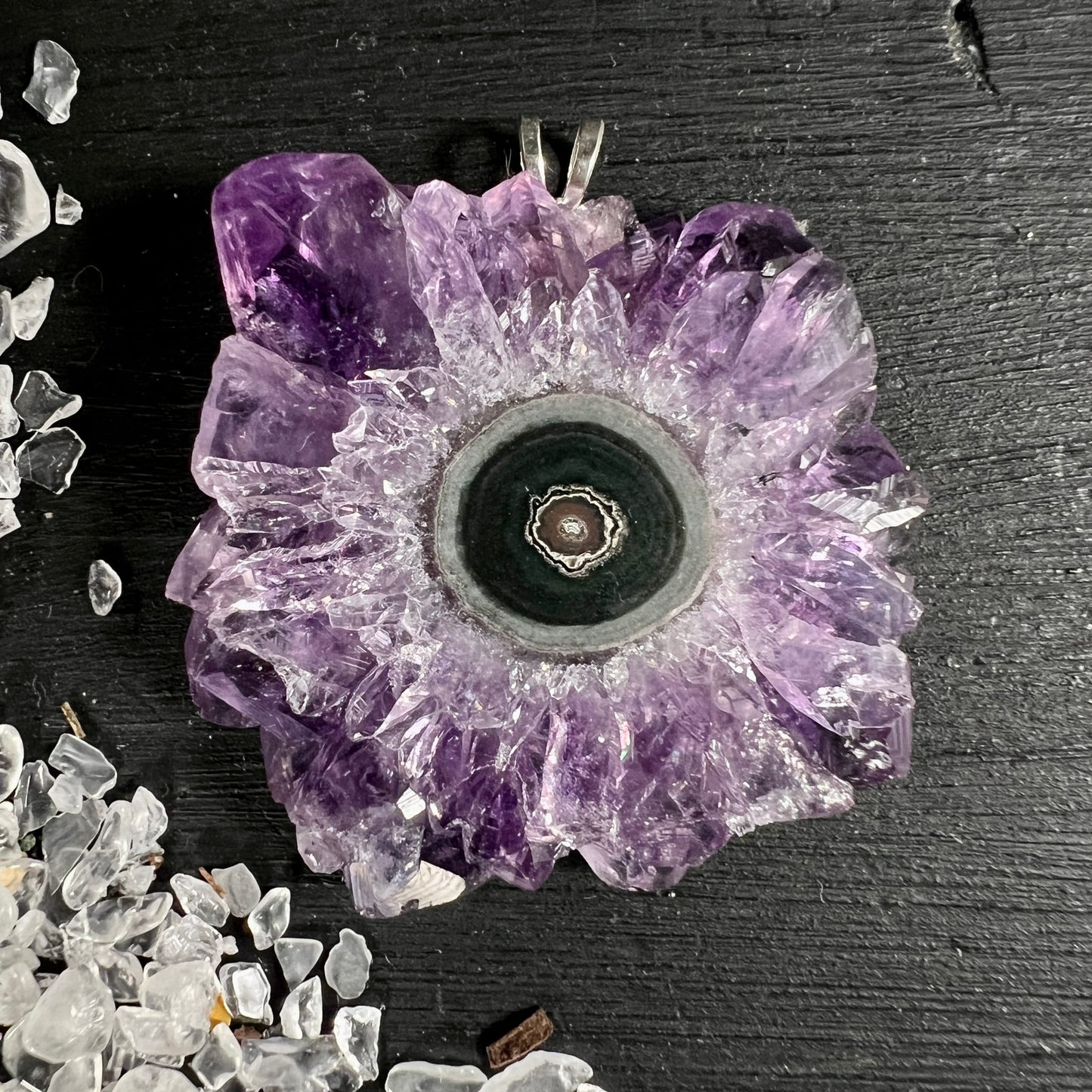 Amethyst Stalaktit Sonne | violette Kristallblüte | Uruguay | 925 Silber Öse | Unikat | Happy Minerals