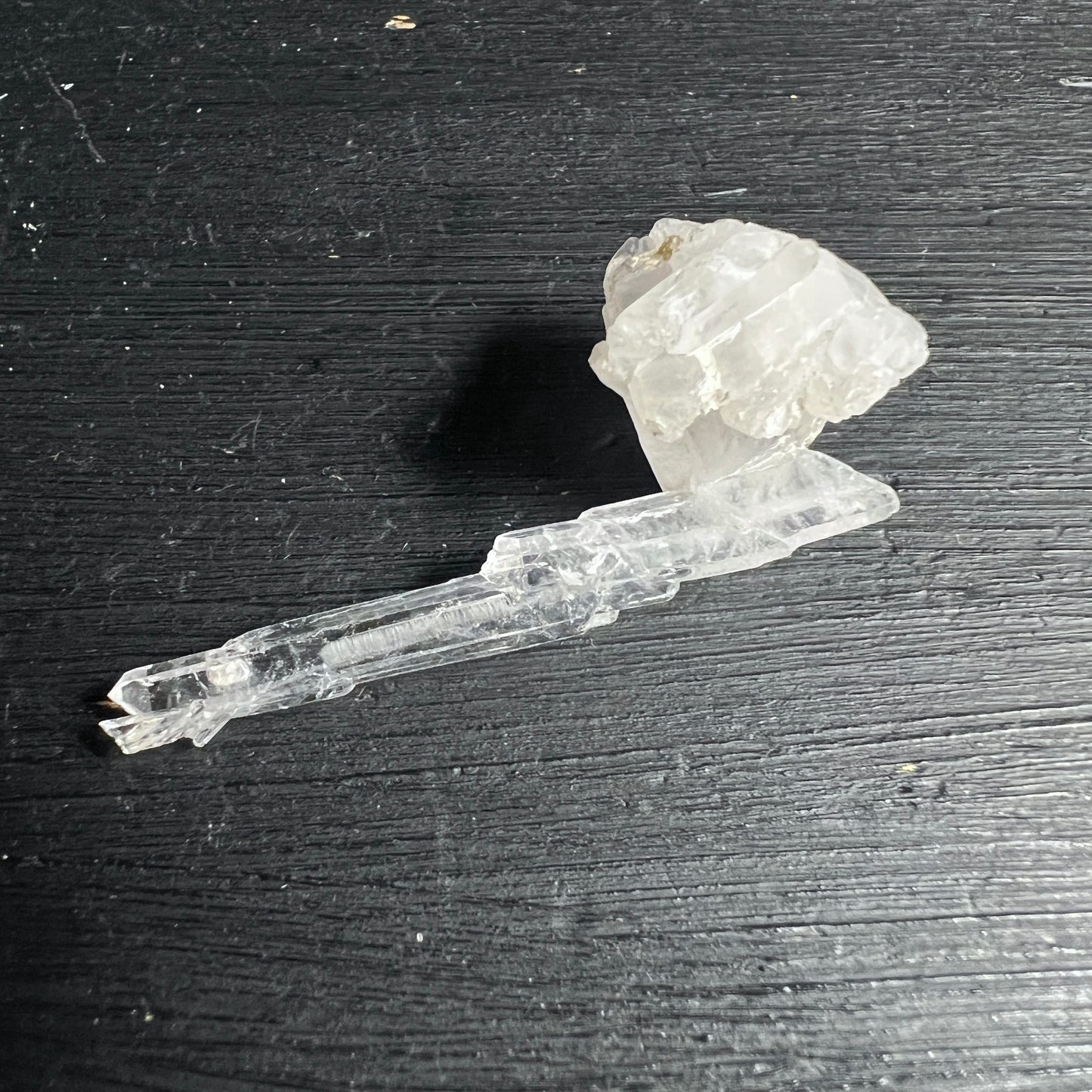 Bergkristall Fadenquarz | Pakistan | klarer Rohstein | dunkles Holz | natürliche Kristallformation | Happy Minerals