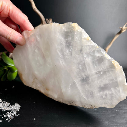 Bergkristall Scheibe Brasilien | Hand hält transparent schimmernde Kristallplatte | natürliche Einschlüsse | Happy Minerals