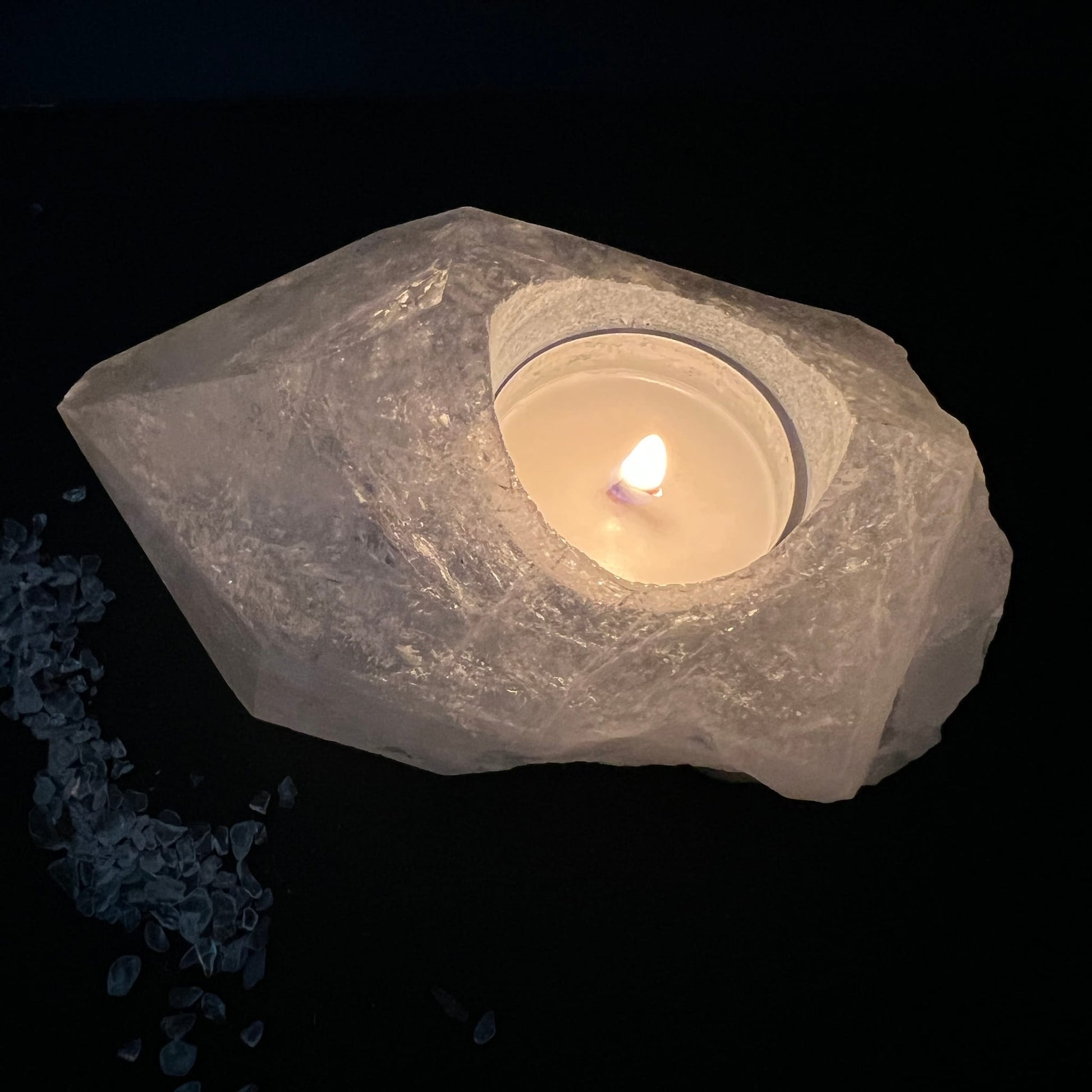 Bergkristall Teelicht Unikat | flackernde Flamme | warmes Licht | durchscheinend | Brasilien | Happy Minerals