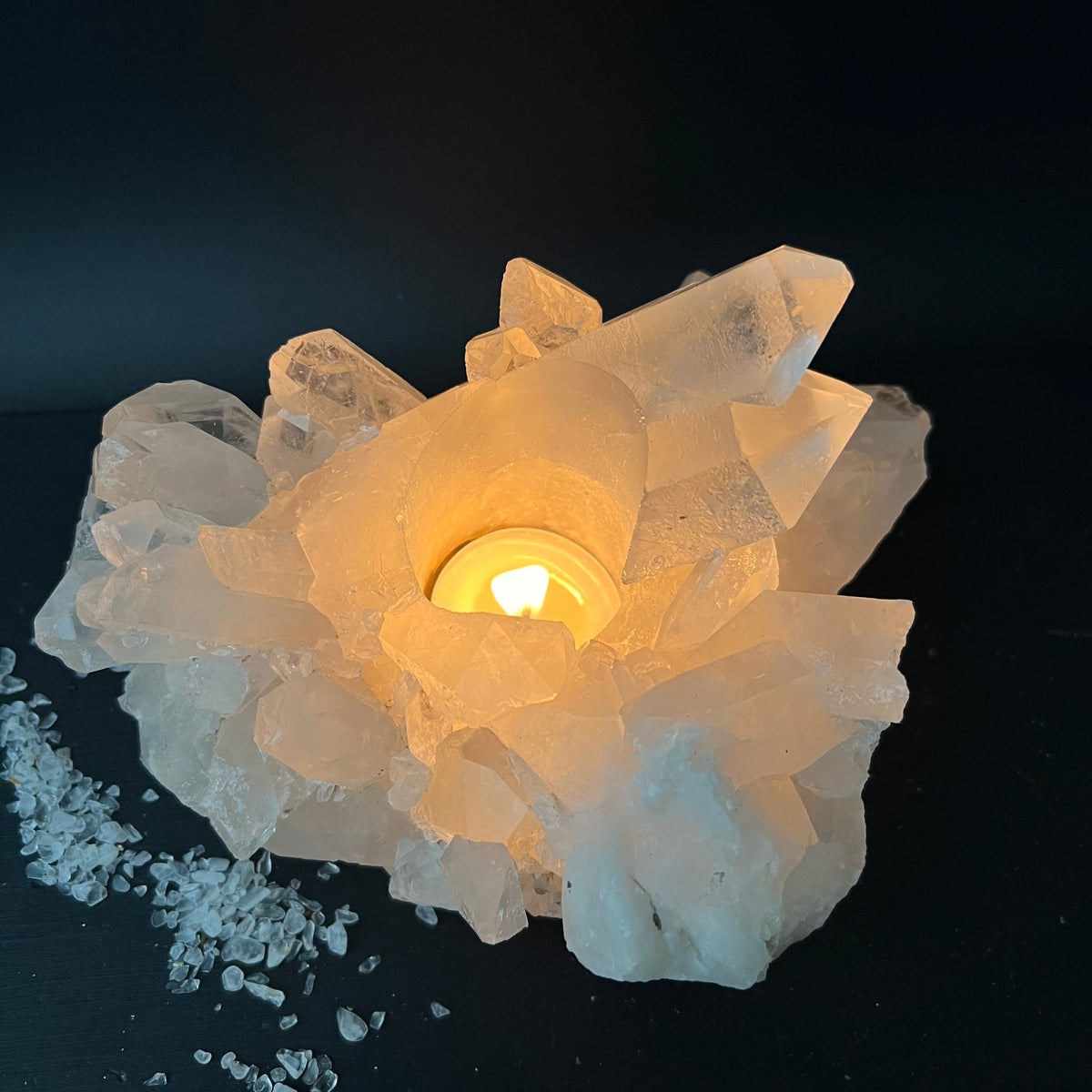 Bergkristall | Teelichthalter | goldenes Glühen | klare Kristallspitzen | Brasilien | Happy Minerals