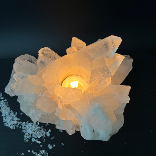 Bergkristall | Teelichthalter | goldenes Glühen | klare Kristallspitzen | Brasilien | Happy Minerals