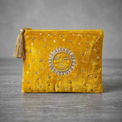 Bestickte Samt Tarotkarten Tasche | Sonne Motiv | Kristalle Sterne | goldgelb | Happy Minerals indien