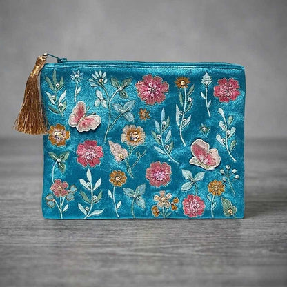 Bestickte | Samttasche | bunte | Blütenstickerei | rosa | gelb | Blumen | Tarotkarten | Happy Minerals | Indien