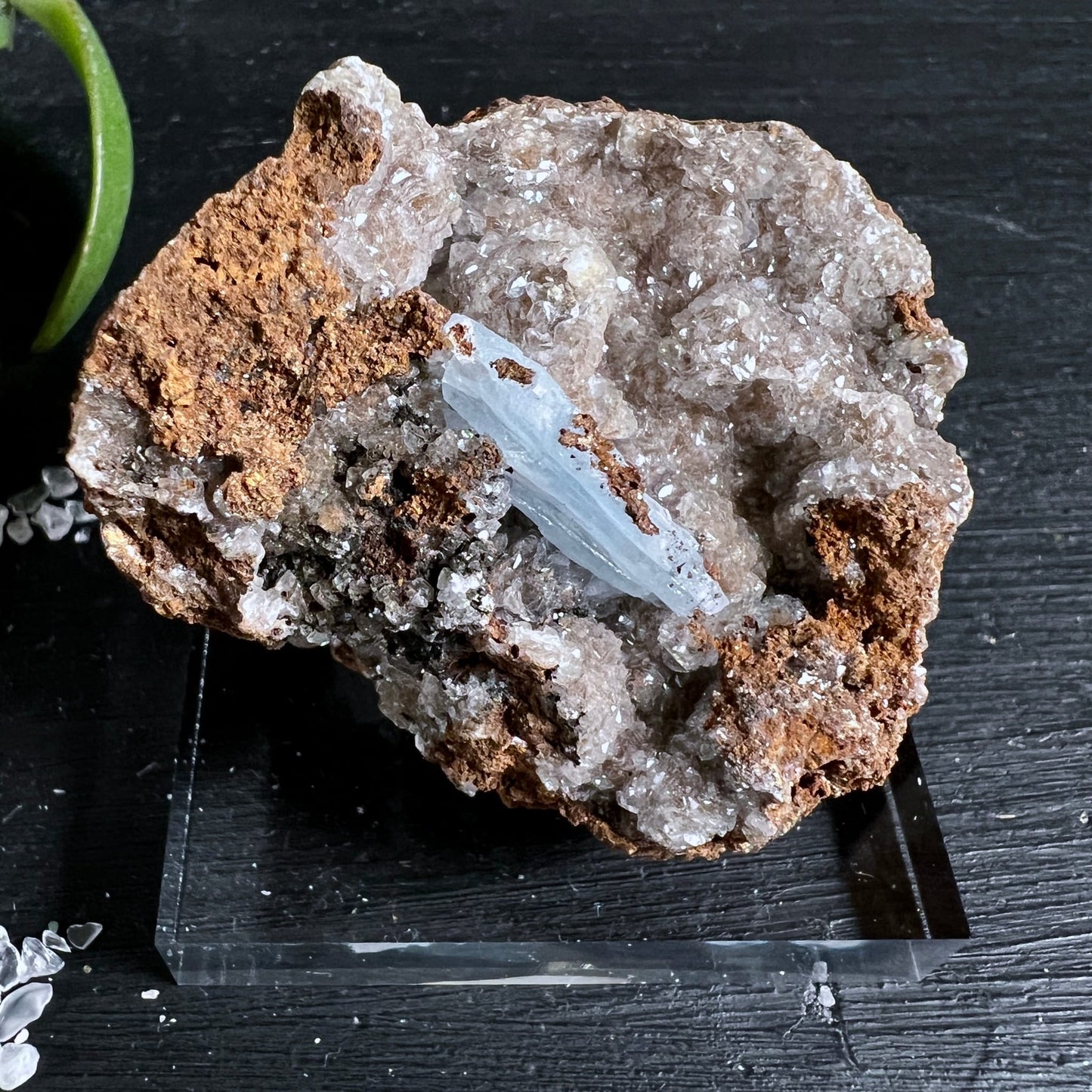 Blauer Baryt Rohstein Variante 1 | Rückseite | heller Kristall auf rötlichem Gestein | Acrylplatte | Happy Minerals
