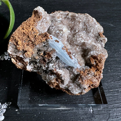 Blauer Baryt Rohstein Variante 1 | Rückseite | heller Kristall auf rötlichem Gestein | Acrylplatte | Happy Minerals